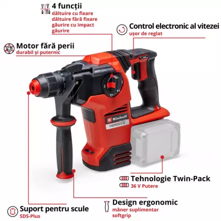 Ciocan rotopercutor Einhell HEROCCO 36/28 LI SOLO, motor fara perii, mandrina SDS plus