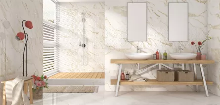 Gresie interior, glazurata, polisata, pentru baie si bucatarie, Carrara Gold, dimensiune 45 x 45 cm
