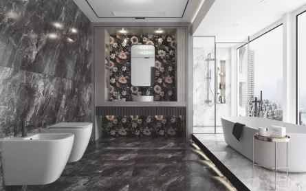 Gresie portelanata, rectificata, polisata, interior/exterior, Alesta Black 60 x 120 cm, clasa de trafic intens