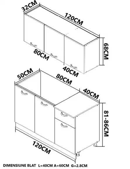 Kit bucatarie MDF Square, 120 cm, 1 sertar, antracit