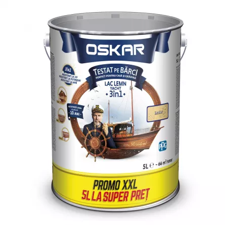 Lac lucios ultra-rezistent pentru lemn exterior/interior, Oskar Yacht 3 in 1, incolor, ambalare 5 L