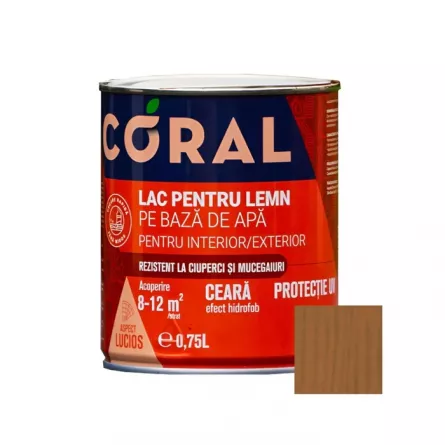 Lac pentru lemn, Coral, pe baza de apa, interior - exterior, 0.75 L culoare nuc