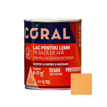 Lac pentru lemn, Coral, pe baza de apa, interior - exterior, 0.75 L culoare pin