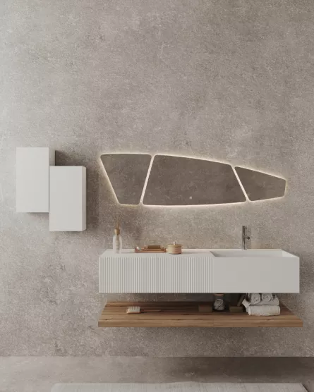 Oglinda baie cu LED Savini Due SPR217, 150 x 42 cm, actionare touch, 3 piese, trapez