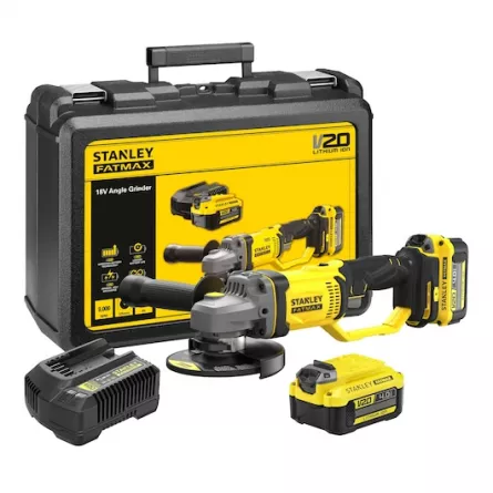 Polizor unghiular fără fir STANLEY FATMAX 2X4AH SFMCG400M2KQW, 9000 rpm, 2 acumulatori