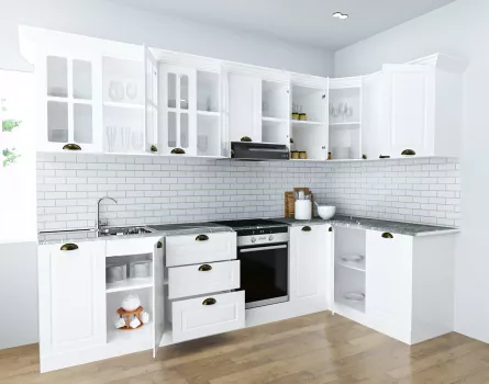 Set bucatarie colt MDF Square, 300x140 cm, alb rustic