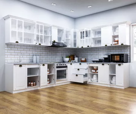 Set bucatarie colt MDF Square, 300x250 cm, alb rustic