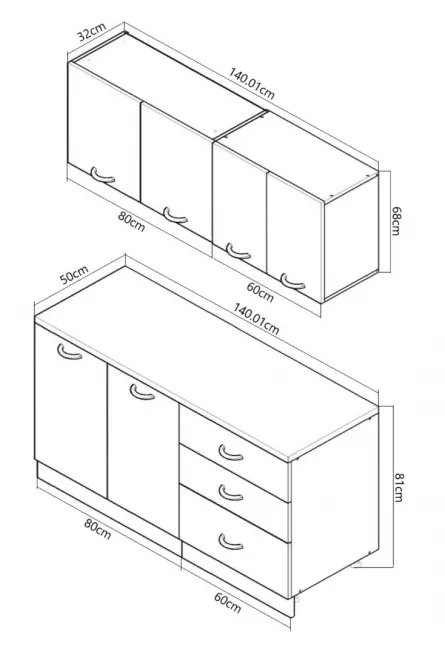 Set bucatarie MDF Square 01, 140 cm, alb rustic