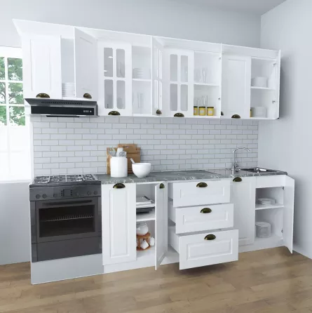 Set bucatarie MDF Square 01, 260 cm, alb rustic