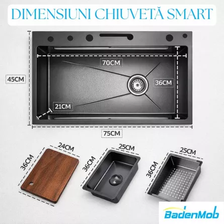 Set chiuveta multifunctionala smart Badenmob, inox negru/gri antracit, afisaj digital, baterie si accesorii incluse, 75 x 46 cm