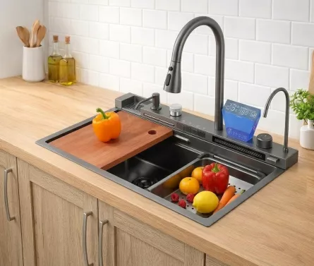 Set chiuveta multifunctionala smart Badenmob, inox negru/gri antracit, afisaj digital, baterie si accesorii incluse, 75 x 46 cm