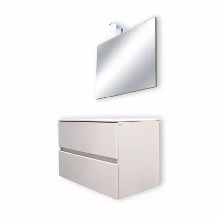 Set mobilier de baie Easy 80/00, dulap suspendat, culoare alba cu lavoar 80 cm, oglinda 210 si lampa Venus