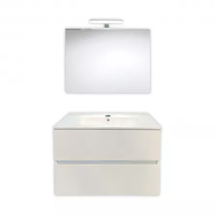 Set mobilier de baie Easy 80/00, dulap suspendat, culoare alba cu lavoar 80 cm, oglinda 210 si lampa Venus