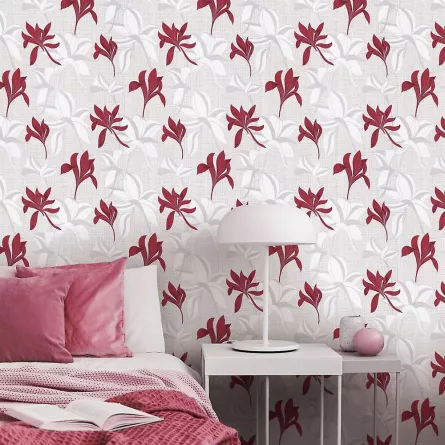 Tapet floral, alb, unt, visiniu, cu sclipici, dormitor, Luna II, 1000x53cm