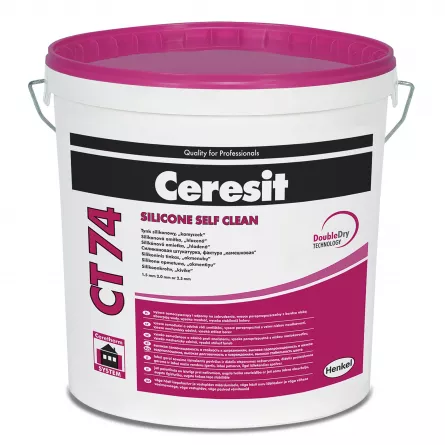 Tencuiala decorativa siliconica, Ceresit CT 74, 1,5 mm, cu aspect bob de orez, structurata, alba, pentru interior/exterior, 25 kg