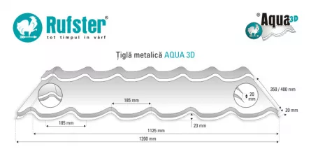 Tigla metalica Rufster Aqua 3D Eco 0,45 mm grosime 3005 visiniu 2.2 m 1.2 m
