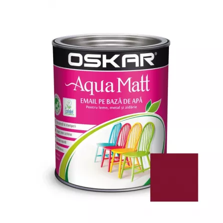 Vopsea pentru lemn, metal, Oskar Aqua Matt, interior si exterior, pe baza de apa, culoare visiniu vibrant, ambalare 0.6 L