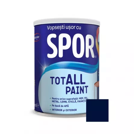 Vopsea pentru lemn, metal si sticla, Spor Totall Paint, pentru interior si exterior, pe baza de apa, ambalare 0,6 L, culoare Anthracite