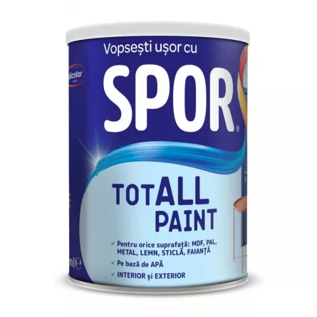 Vopsea pentru lemn, metal si sticla, Spor Totall Paint, pentru interior si exterior, pe baza de apa, ambalare 0,6 L, culoare Atlantic