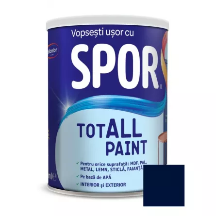 Vopsea pentru lemn, metal si sticla, Spor Totall Paint, pentru interior si exterior, pe baza de apa, ambalare 0,6 L, culoare Atlantic