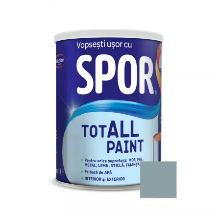 Vopsea pentru lemn, metal si sticla, Spor Totall Paint, pentru interior si exterior, pe baza de apa, ambalare 0,6 L, culoare Nordic