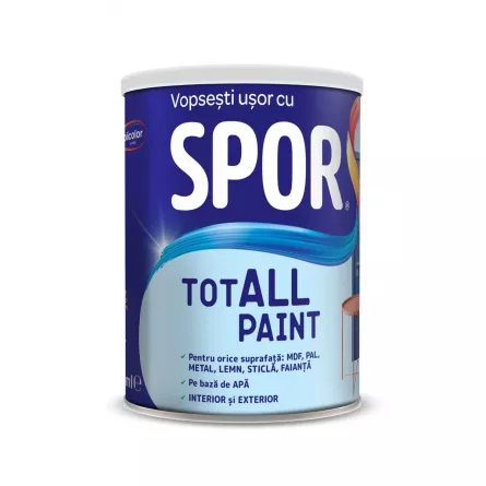 Vopsea pentru lemn, metal si sticla, Spor Totall Paint, pentru interior si exterior, pe baza de apa, ambalare 0,6 L, culoare Opal