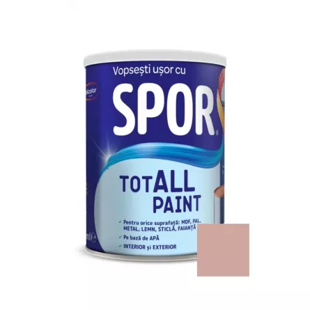 Vopsea pentru lemn, metal si sticla, Spor Totall Paint, pentru interior si exterior, pe baza de apa, ambalare 0,6 L, culoare Rose Quartz