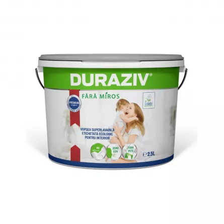 Vopsea superlavabila alba pentru interior Duraziv ECOLABEL, ambalare 2.5 L