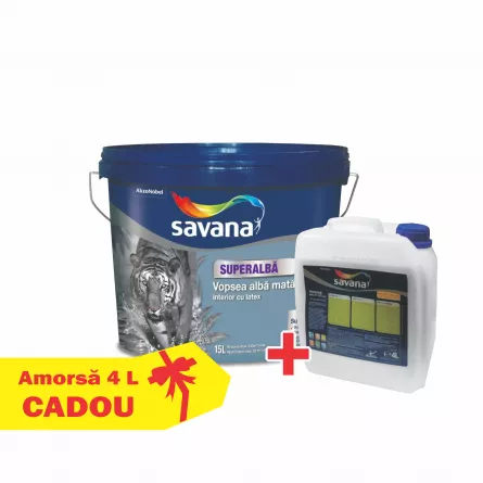 Vopsea superlavabila cu latex, interior, Savana, alb mat, 15 L + amorsa 4 L Cadou