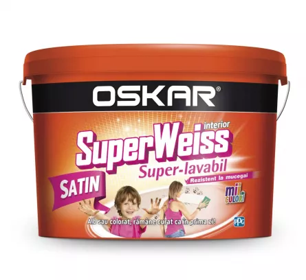 Vopsea superlavabila pentru interior Oskar Superweiss Satin, ambalare 2.5 L