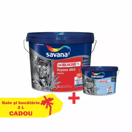 Vopsea superlavabila Savana Ultra Rezist 15 L +  Vopsea pentru Baie si bucatarie 2 L Cadou