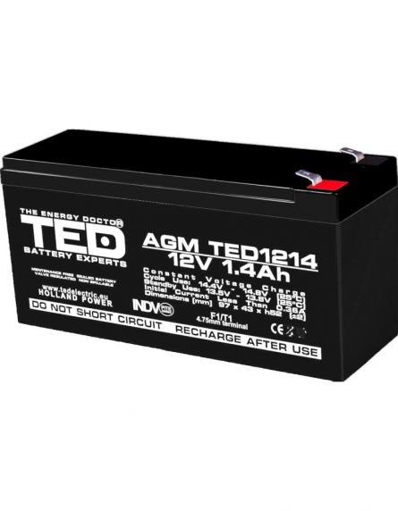 Acumulator 12V Stationar VRLA, Dimensiuni 97 x 47 x 50 mm, Baterie 12V 1.4Ah F1, TED Electric TED002716