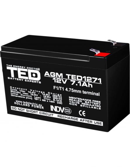 Acumulator 12V Stationar VRLA, Dimensiuni 151 x 65 x 95 mm, Baterie 12V 7.1Ah F1, TED Electric TED003416