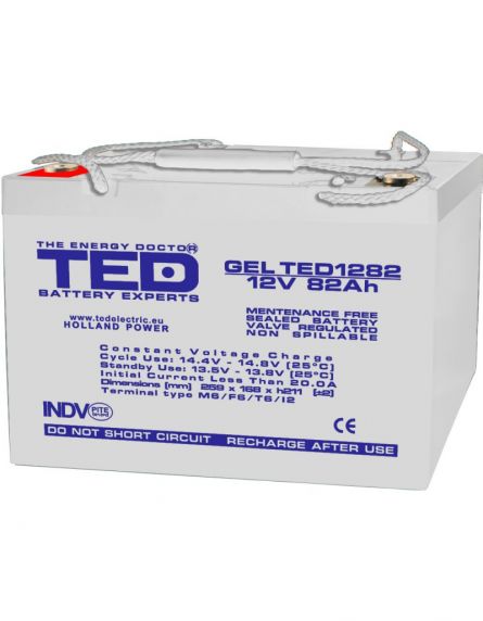 Acumulator 12V GEL Deep Cycle Solar, Dimensiuni 259 x 168 x 211 mm, Baterie 12V 82Ah M6, TED Electric TED003478