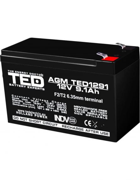 Acumulator 12V Stationar VRLA, Dimensiuni 151 x 65 x 95 mm, Baterie 12V 9.1Ah F2, TED Electric TED003263