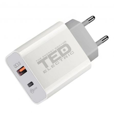 Alimentator Incarcator de la Retea la 2x USB: 1x USB Type-C si 1x USB-A 3.0 PD 18W Negru Fast Charge, TED Electric TED600403