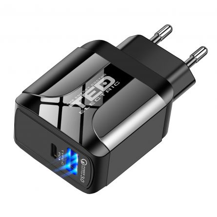 Alimentator Incarcator de la retea la 2x USB: 1x USB-A 3.0 + 1x USB Type-C PD 18W Negru Fast Charge TED600410