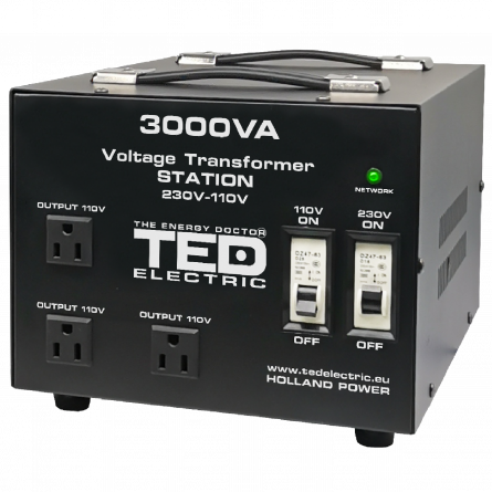 Transformator de tensiune, Convertor de la 220V la 110V si Reversibil 3000VA 2400W cu Carcasa si Regleta, TED Electric TED000248