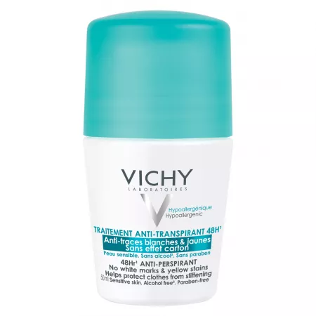 VICHY Deo Deodorant roll-on, Tratament Antiperspirant anti-urme albe sau galbene , eficacitate 48h, 50ml 