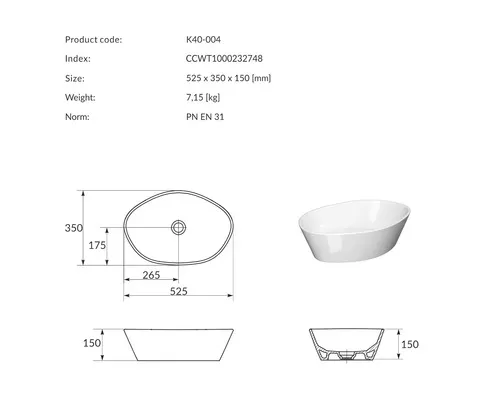 LAVOAR CERAMIC OVAL CU DOP CERSANIT SPLENDOUR 52.5x35x15 CM K40-004 