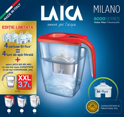 Cana filtranta de apa Laica BIG Milano Rosu, 3.7L, + 4 cartuse filtrante