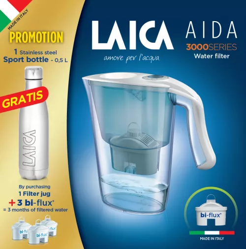 Cana filtranta Laica Aida, 2.3L, + 3 cartuse + sticla Sport metalica
