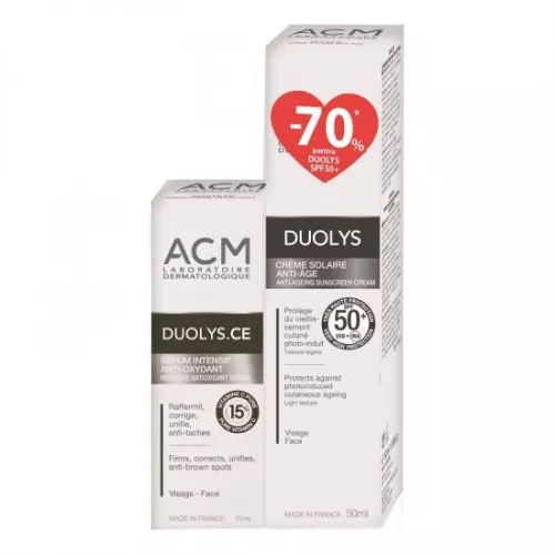 Ser cu vitamina C pura 15% Duolys CE, 15 ml + Crema pentru protectie solara anti-imbatranire SPF 50+ Duolys, 50 ml, Acm