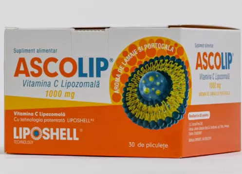 Vitamina C lipozomal 1000mg aroma lamaie si portocala, 30 plicuri, Ascolip, Liposhell