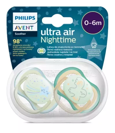 Suzete fosforescente Ultra Air Philips Avent, 0-6 luni, 2 bucati, Verde si Bleu, SCF376/18, Philips