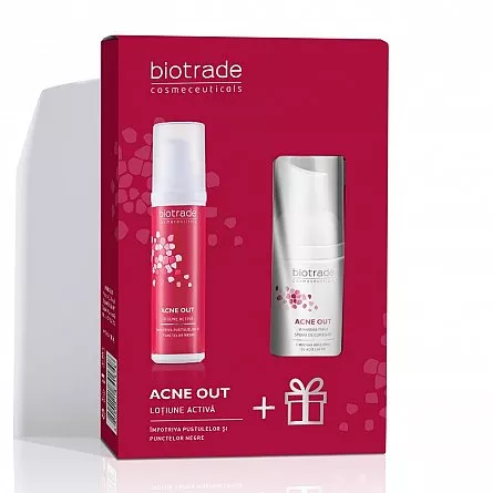 Lotiune activa pentru ten acneic Acne Out, 60ml + Spuma de curatare pentru ten acneic Acne Out, 20ml, cadou, BIOTRADE