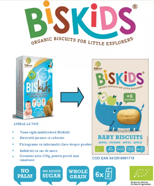 Biscuiti organici pentru copii cu gust de mere, +6 luni, 120 g, Belkorn