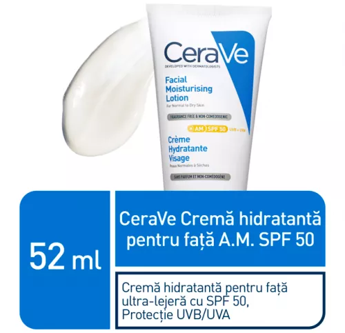 Crema hidratanta de fata SPF 50, ten normal uscat, 52 ml, Cerave