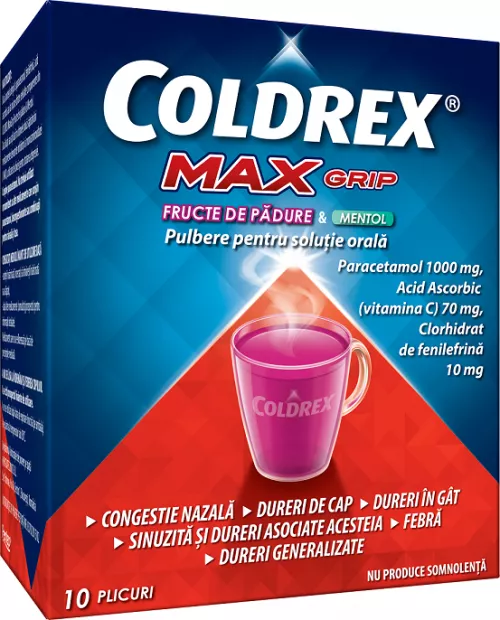 Coldrex Max Grip cu fructe de padure si mentol, 10 plicuri