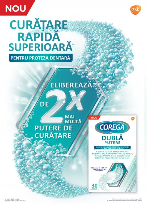 Tablete efervescente Dubla Putere Corega, 30 tablete, GSK
